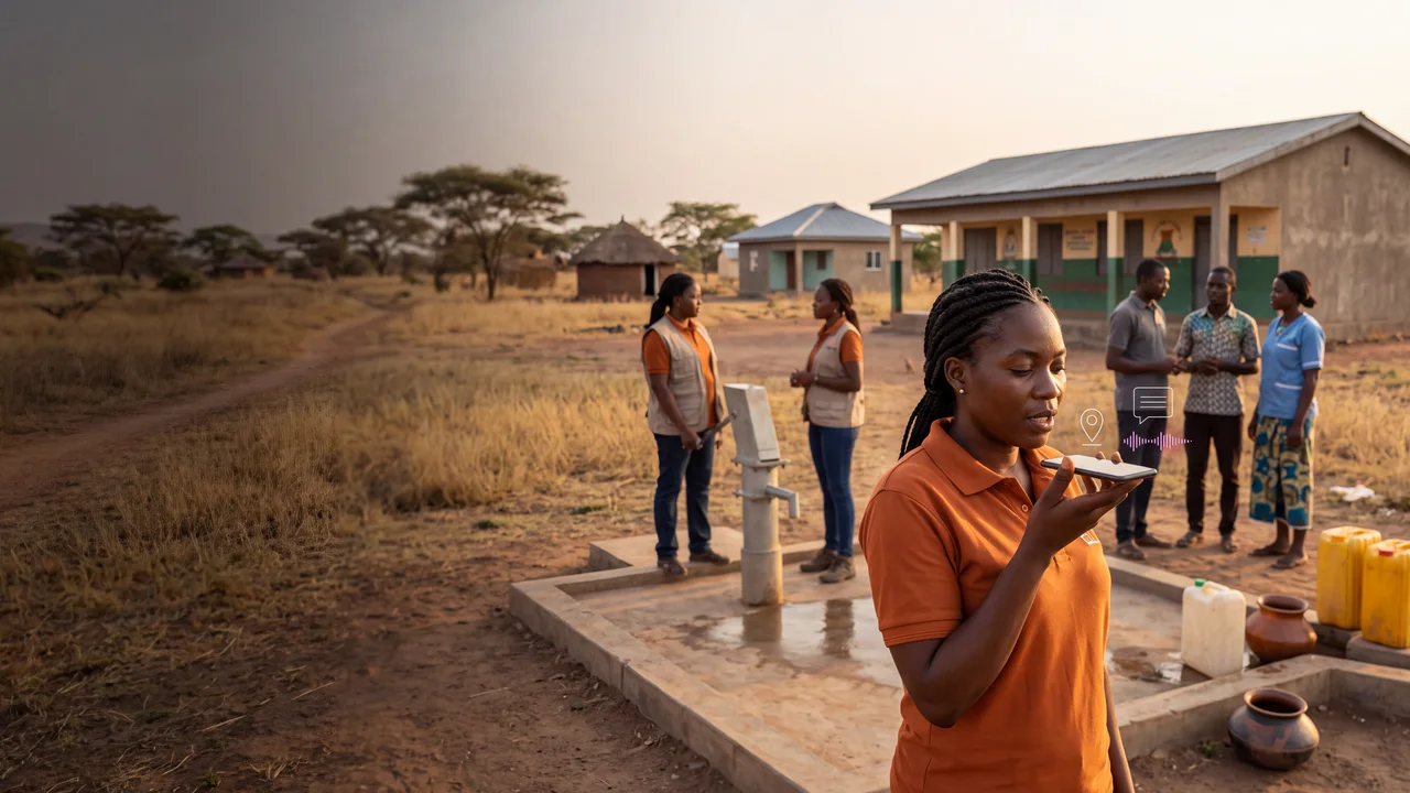 A field officer records evidence with a phone during a community programme visit.