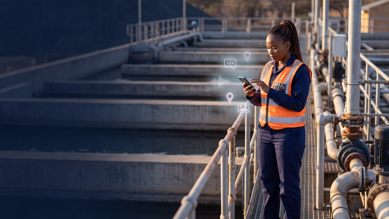 African field engineer reporting by smartphone at a water treatment facility.