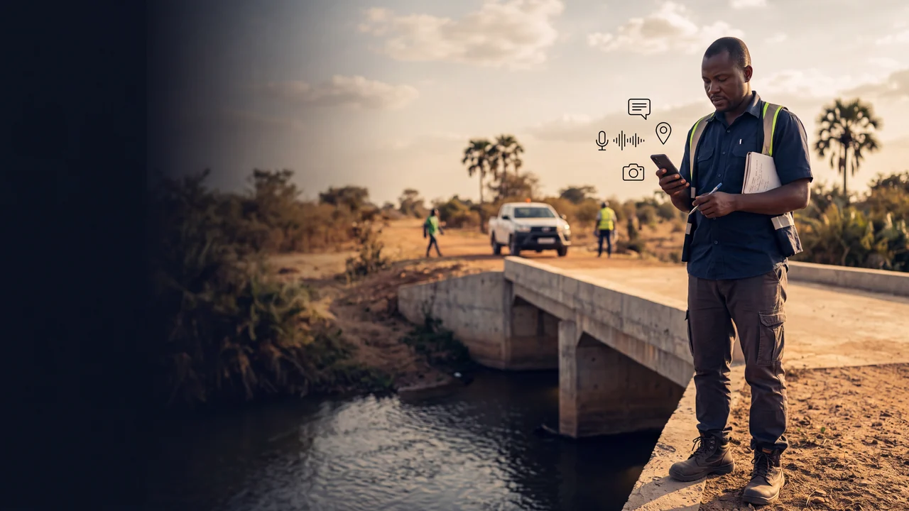Field officer using a smartphone while carrying out an infrastructure inspection.